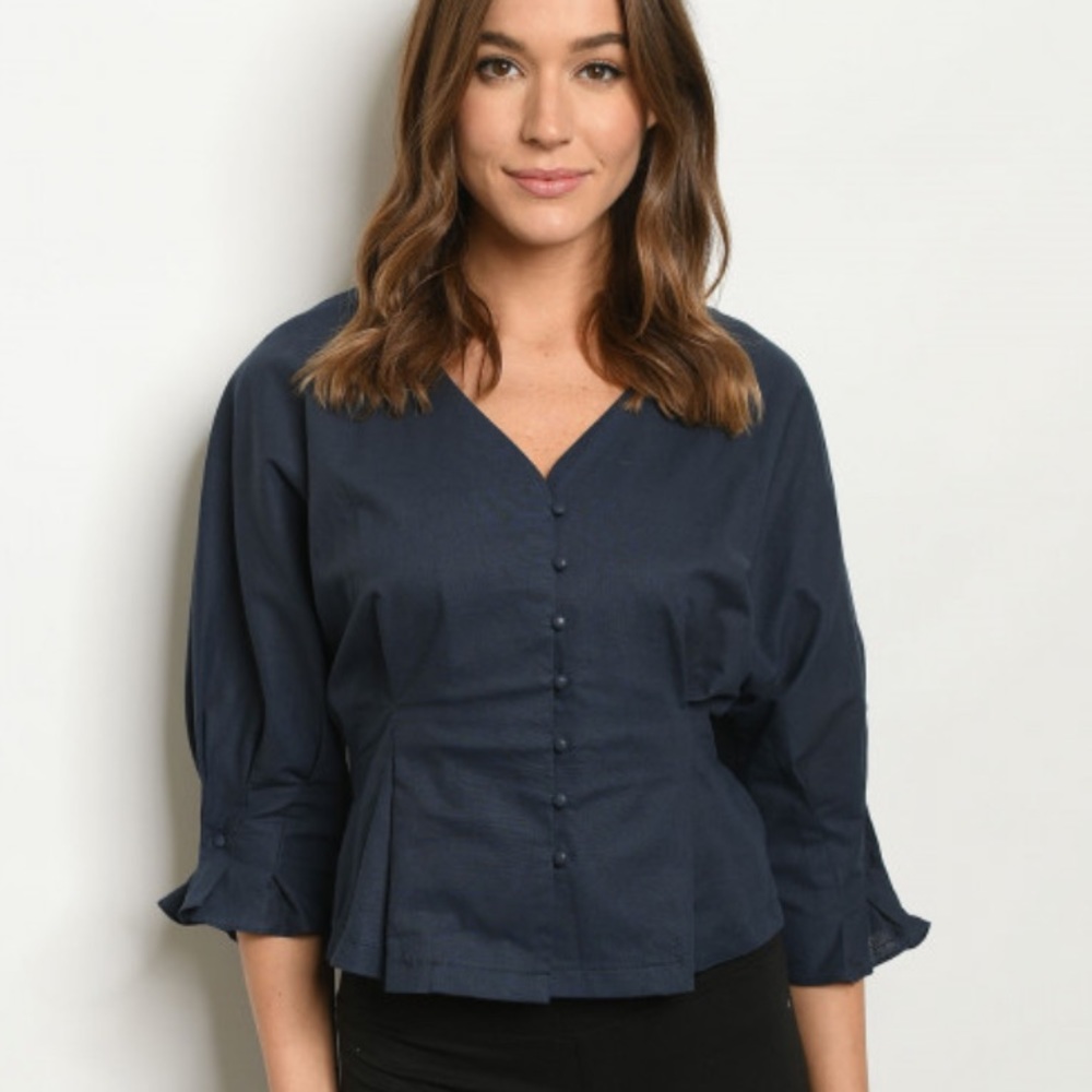 Navy Blue 3/4 sleeve V-neck button Top